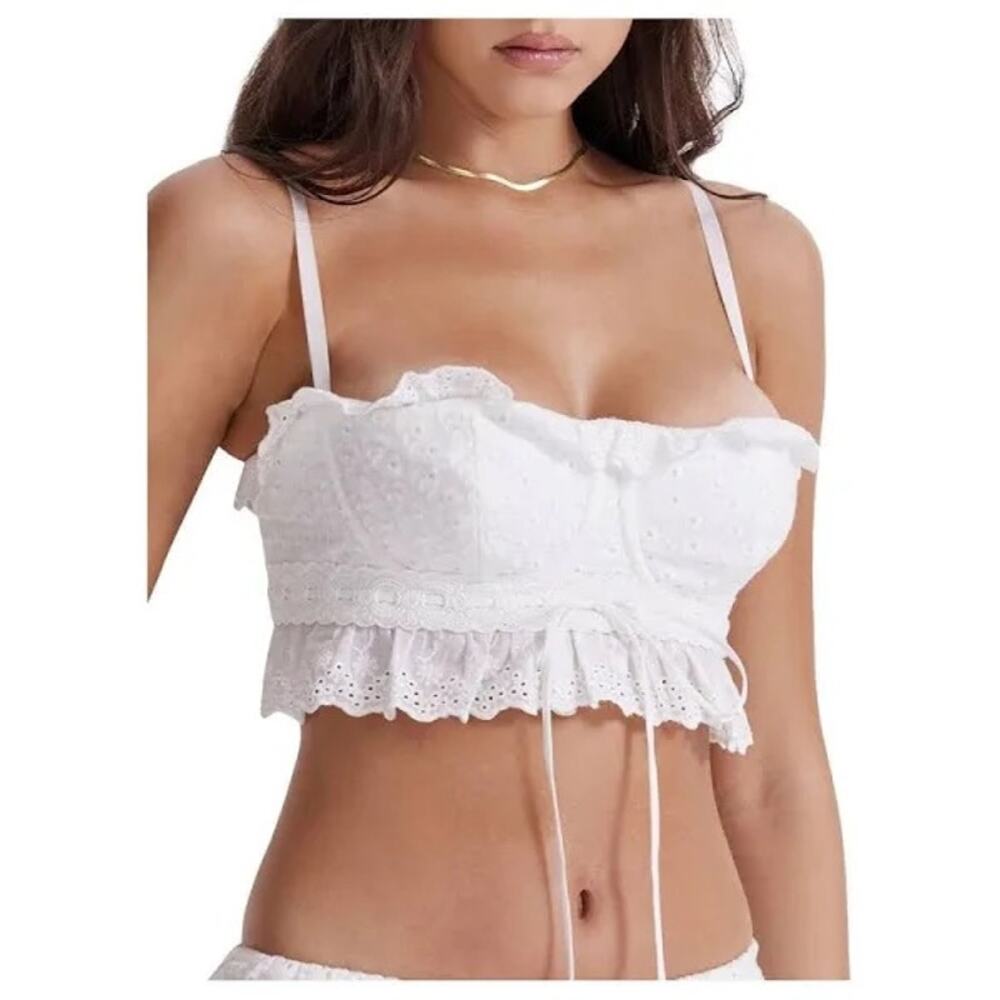 House of CB FEDERICA Ruffle Embroidered 
square-neck cotton-blend crop top L +